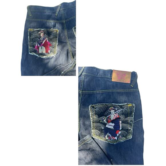Vintage Japanese Embroidered Geisha Jeans Men’s Size 36 Y2K Streetwear Art Denim - Picture 4 of 6